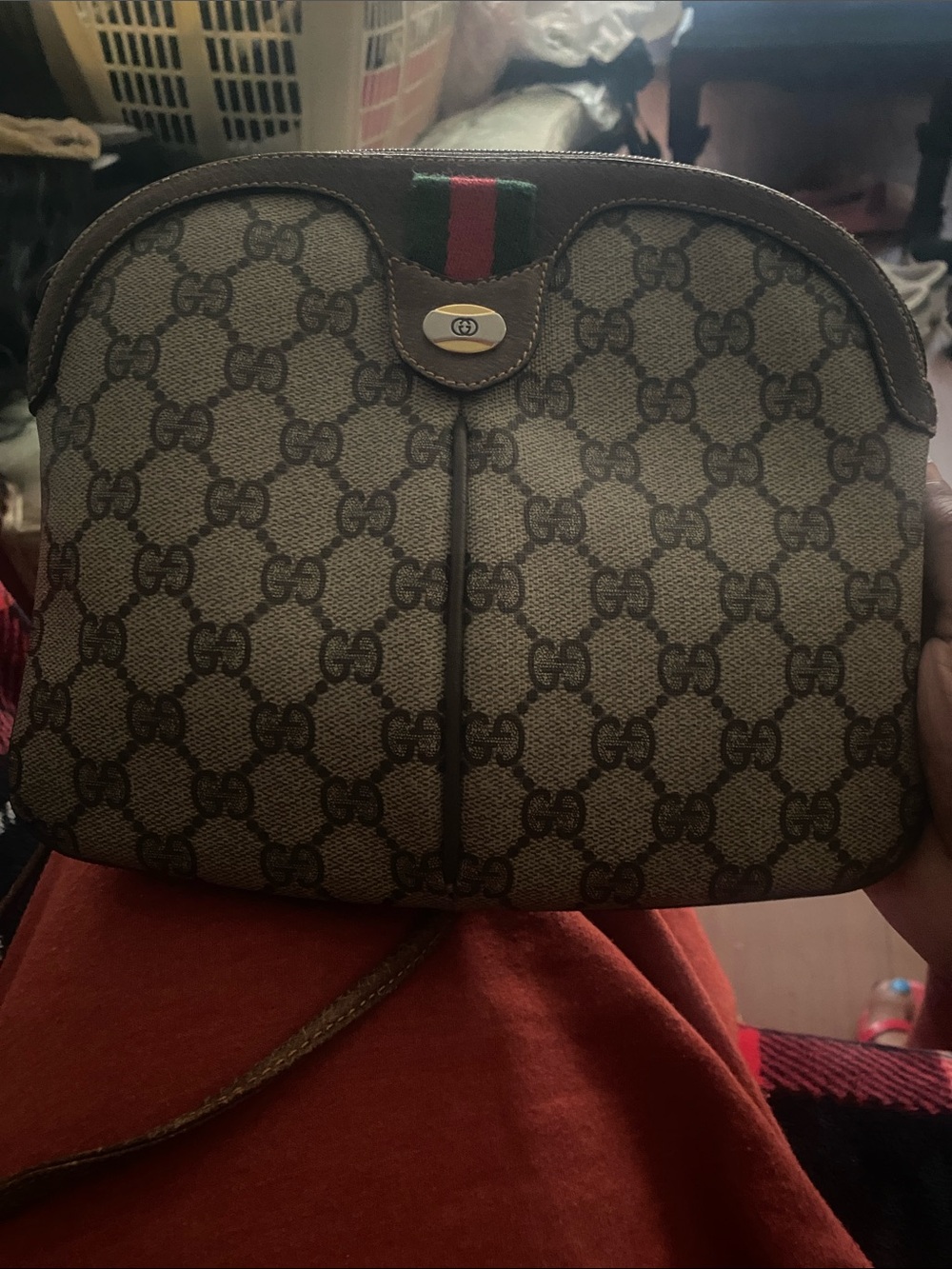 Gucci Brown GG Canvas Crossbody with Green-Red Web Stripe